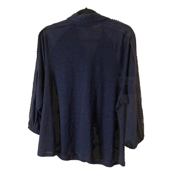Chicos 3 US XL Linen Button Down Tee Navy Blue Tonal Trim 3/4 Sleeve READ Boho - Picture 2 of 8